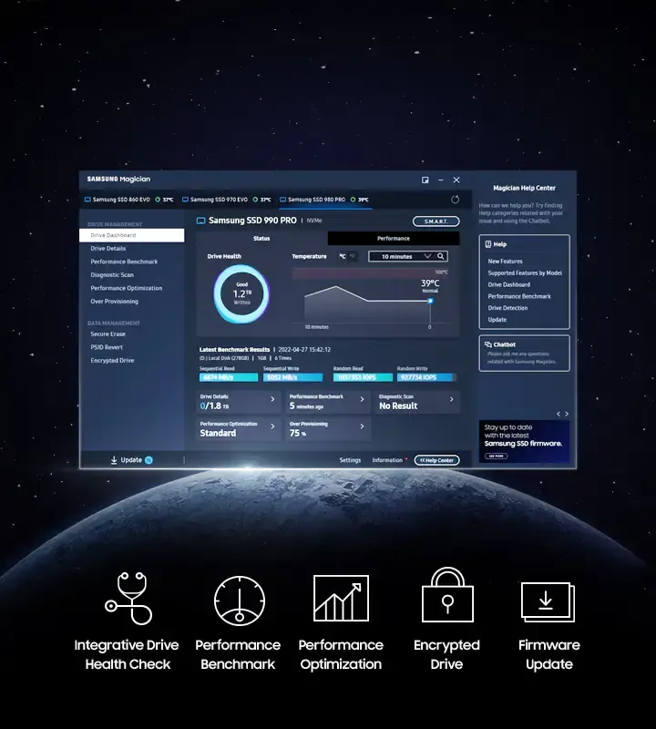 Samsung Magician software interface showing optimization and drive health tools