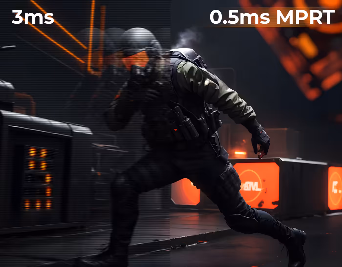 Monitor demonstrating 0.5ms MPRT to reduce motion blur and ghosting
