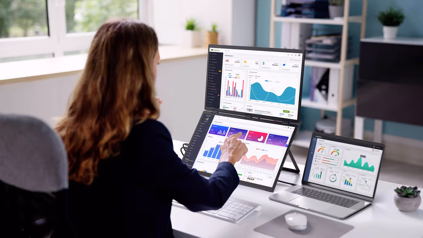Stacked touch monitor showing adjustable folding angles for optimal viewing
