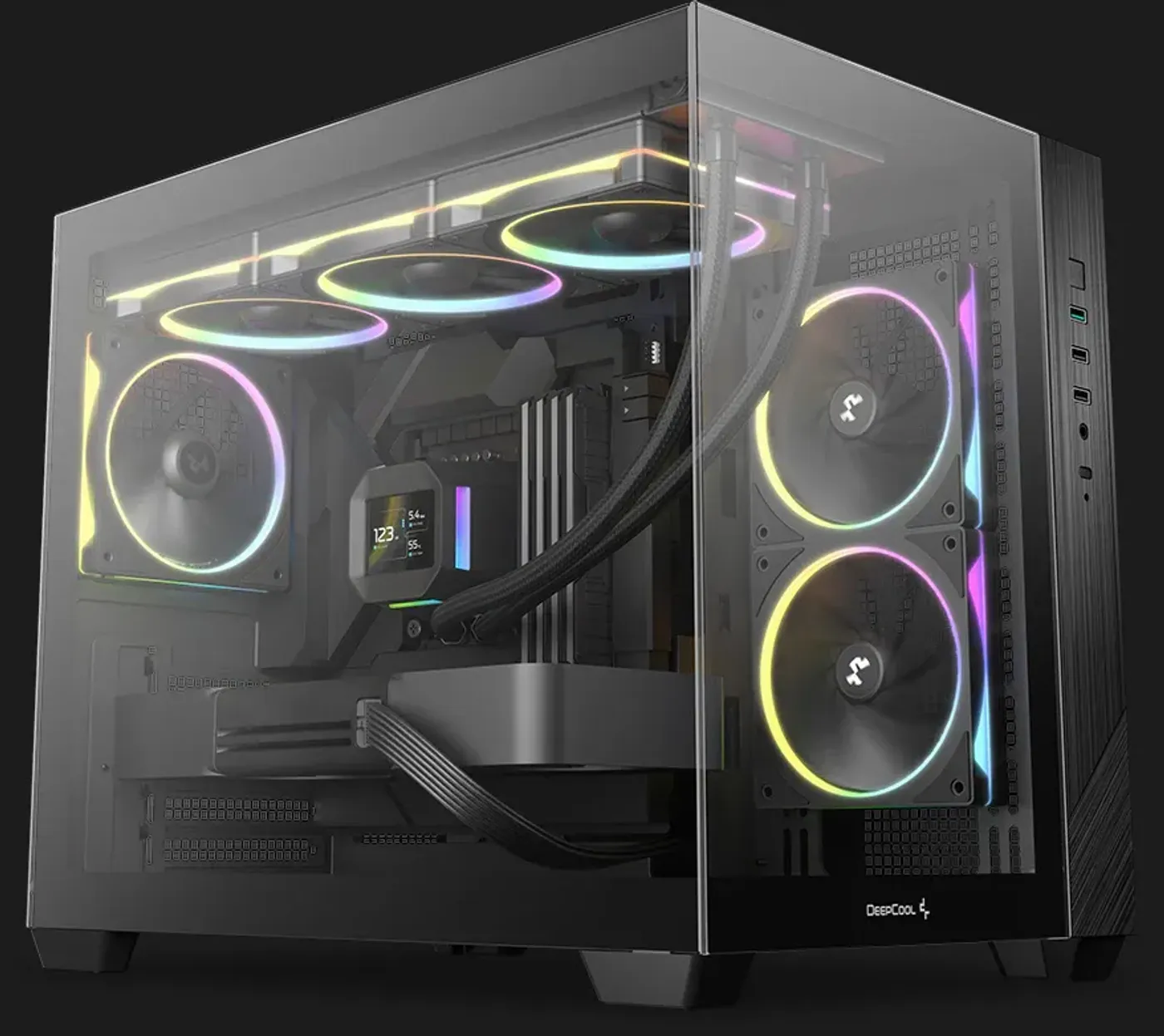 Case pillarless full view side panel showcasing internal components