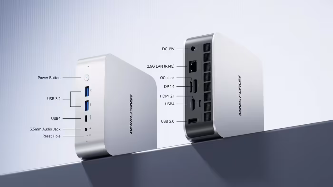 Front and rear view of a mini PC showing USB4, HDMI, and OCuLink expansion ports