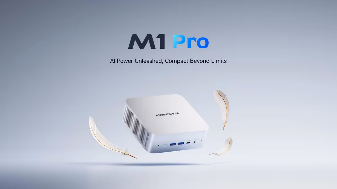 The MINISFORUM M1 Pro mini PC on a desk in its compact aluminium chassis