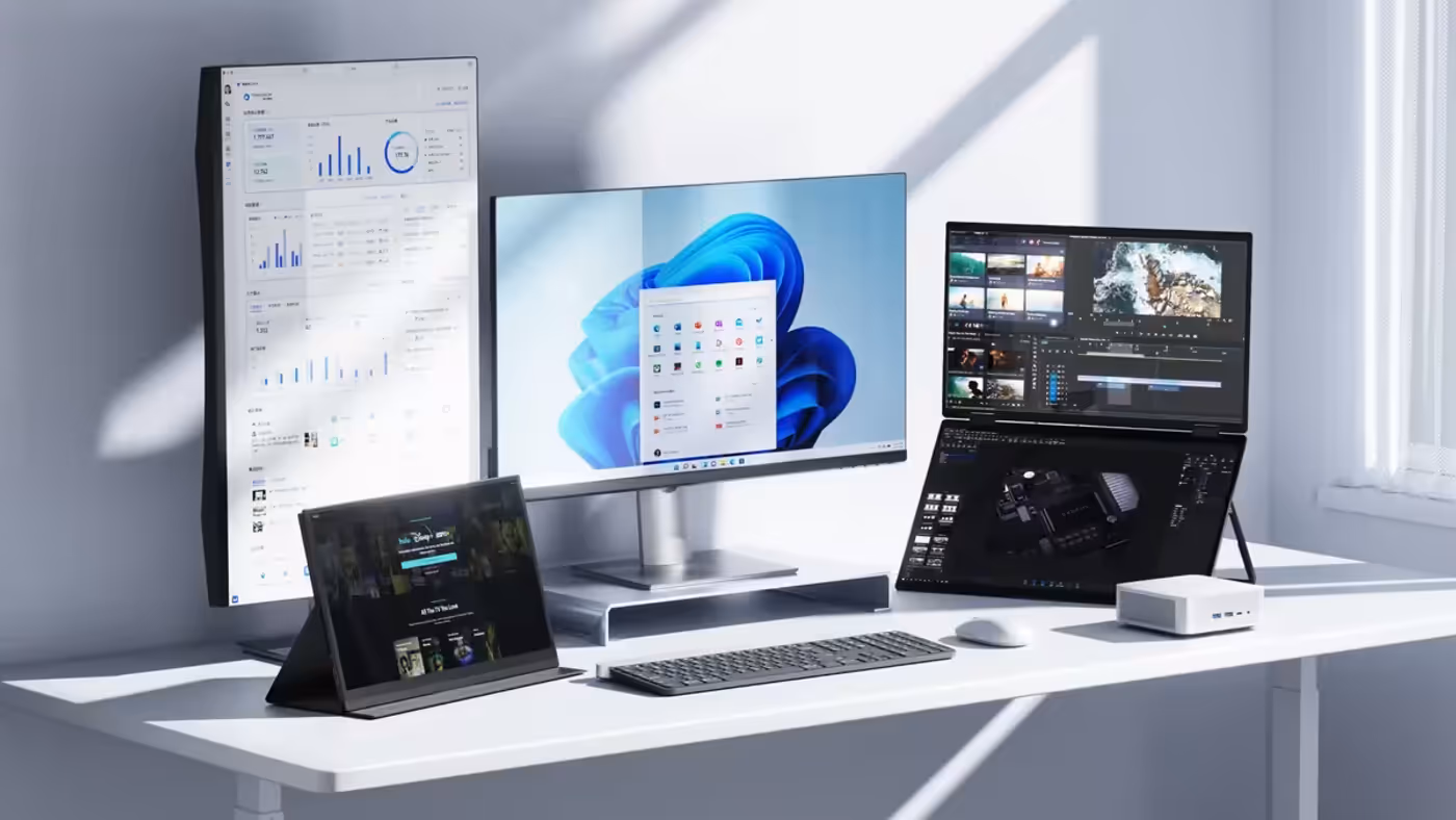 Multitasking setup featuring four 4K displays powered by a single M1 Pro device
