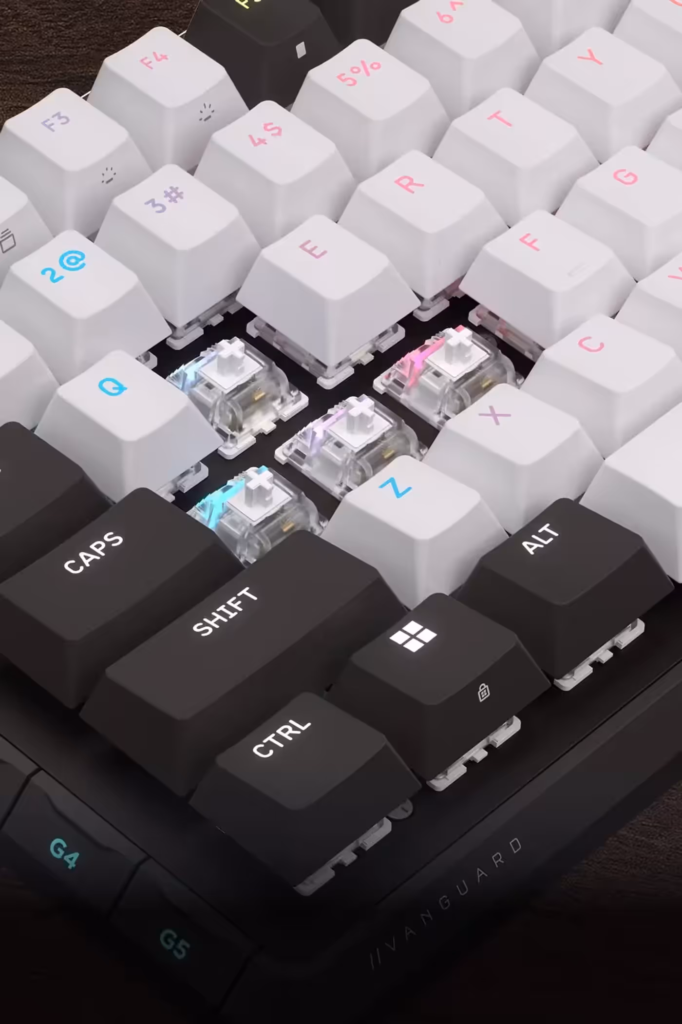 Close-up of CORSAIR MLX mechanical switches with RGB lighting