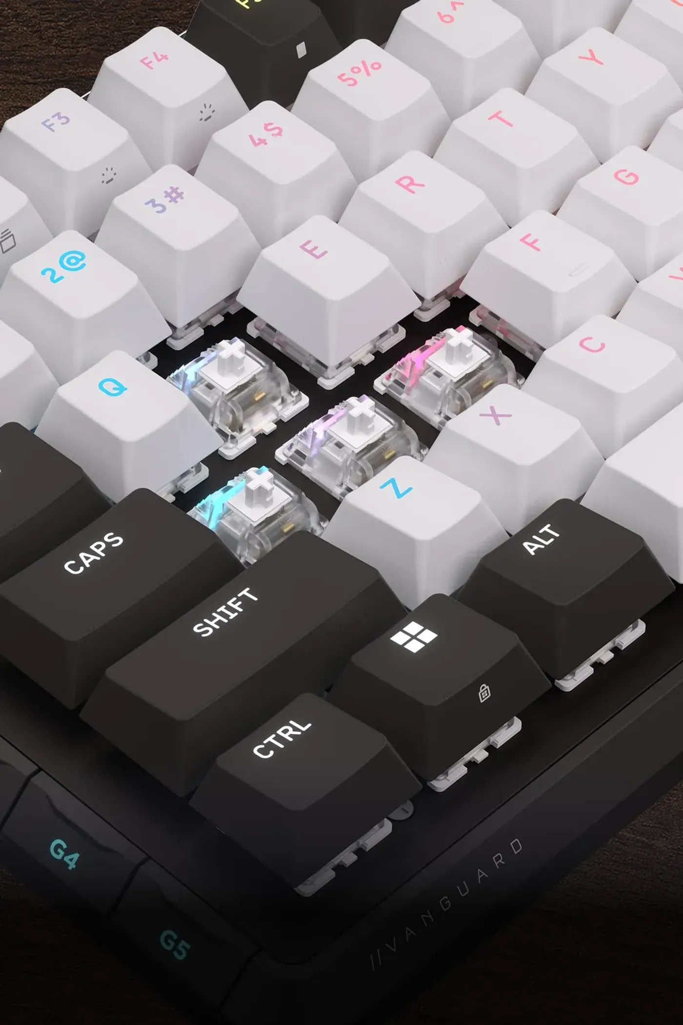 Close-up of CORSAIR MLX mechanical switches with RGB lighting