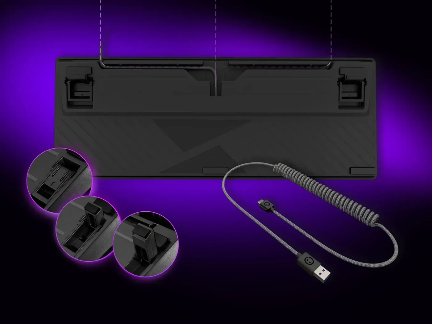 Keyboard featuring cable management and adjustable rubberized feet