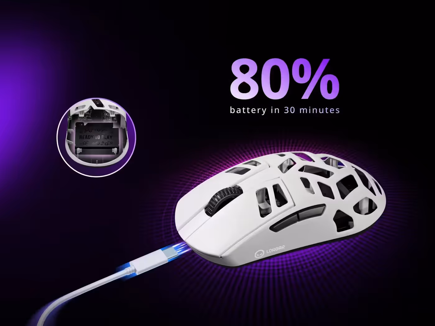 Rapid charging showing 80% in 30 minutes and 500-hour battery