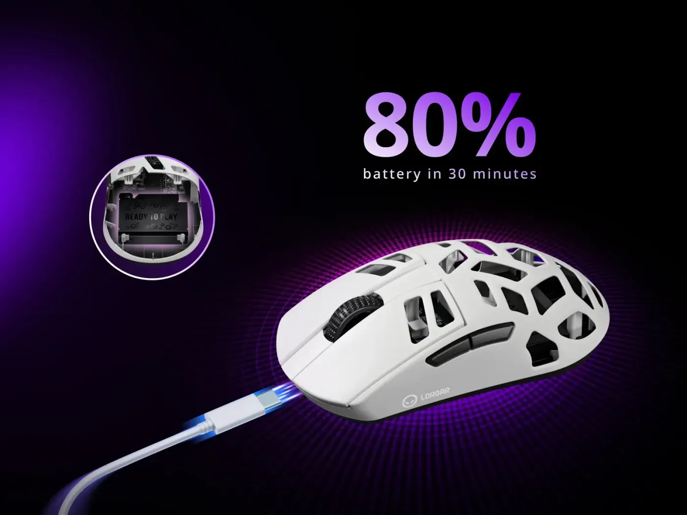 Rapid charging showing 80% in 30 minutes and 500-hour battery