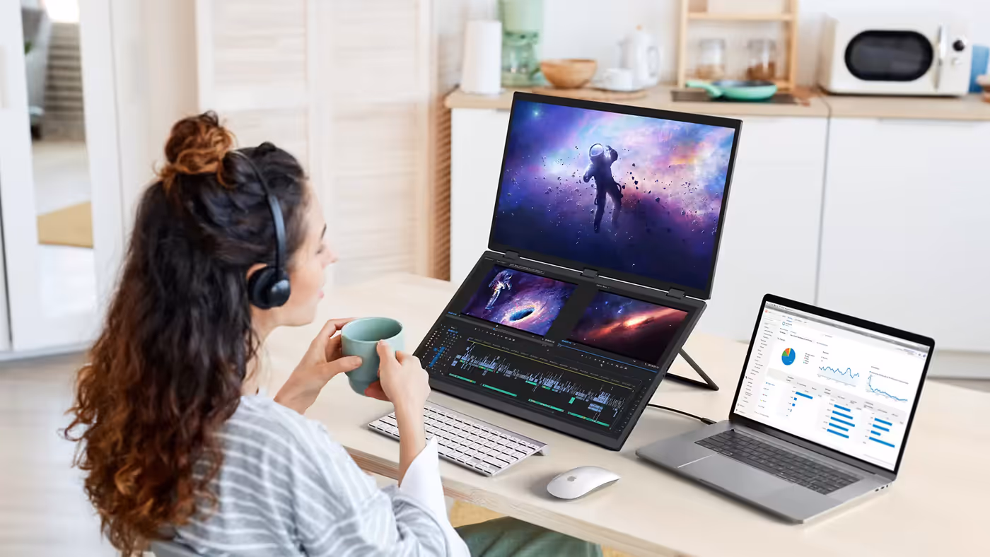 UPERFECT 18.5-inch stacked dual-screen monitor setup for enhanced productivity