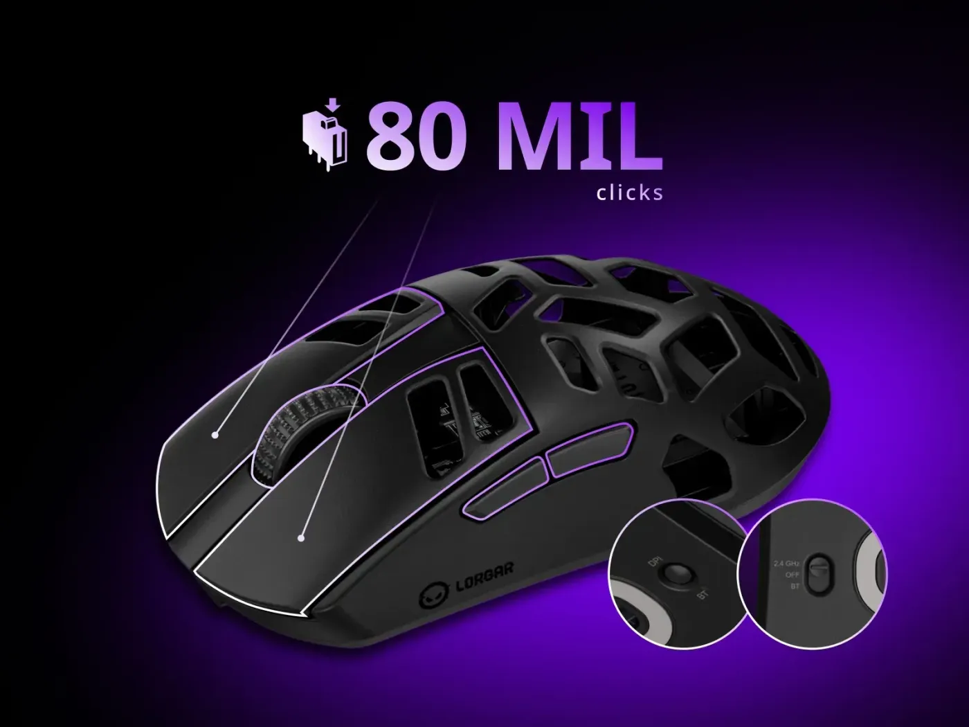 Mouse with six programmable buttons and 80 million click switches