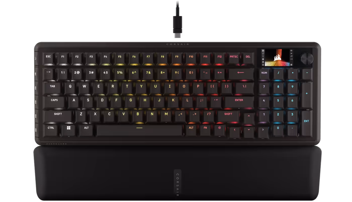 VANGUARD 96 keyboard with labeled feature callouts and specifications