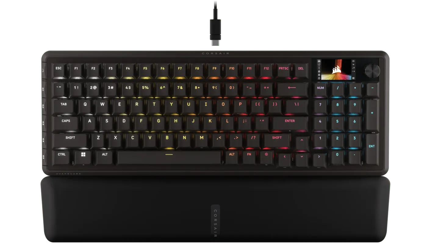 VANGUARD 96 keyboard with labeled feature callouts and specifications