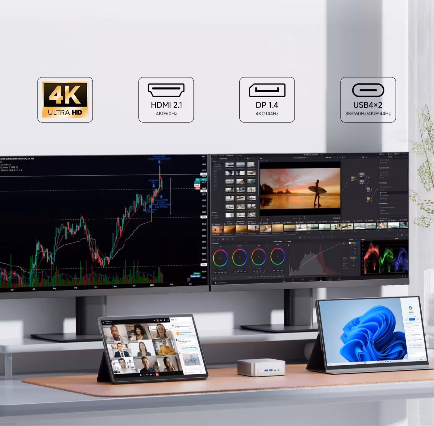 Workstation setup showcasing M1 Pro supporting four 4K displays for multitasking