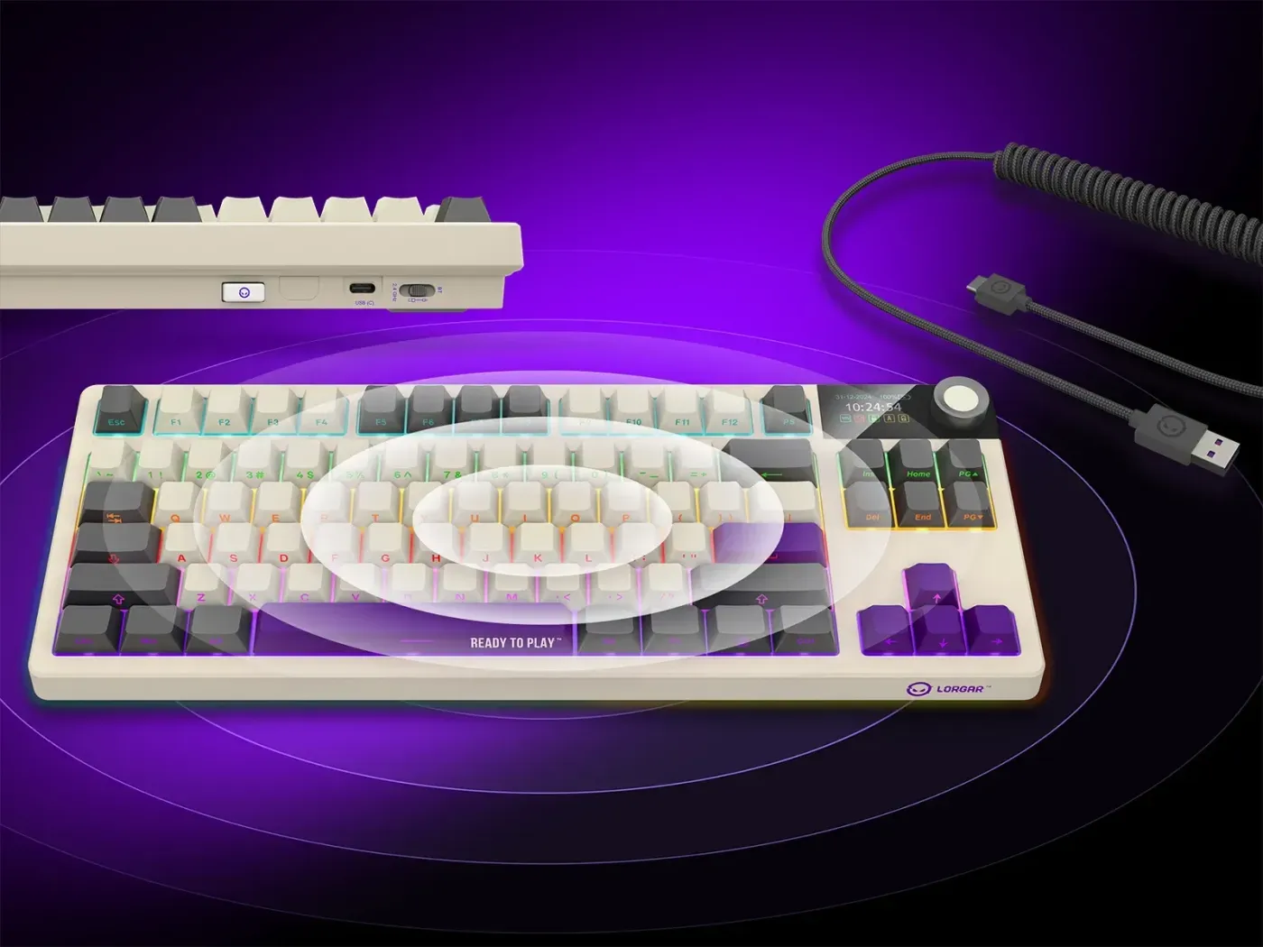 Wireless gaming keyboard with dual connectivity options and coiled USB cable