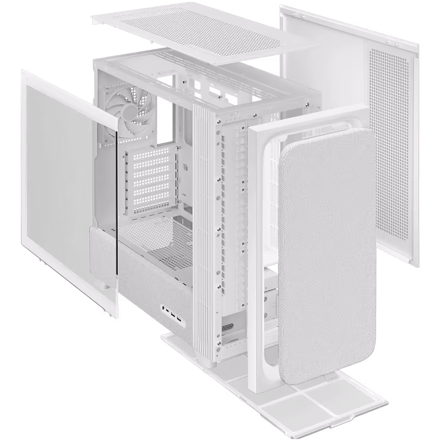 Breakdown of the tool-free panels including the top, sides, and dust filters