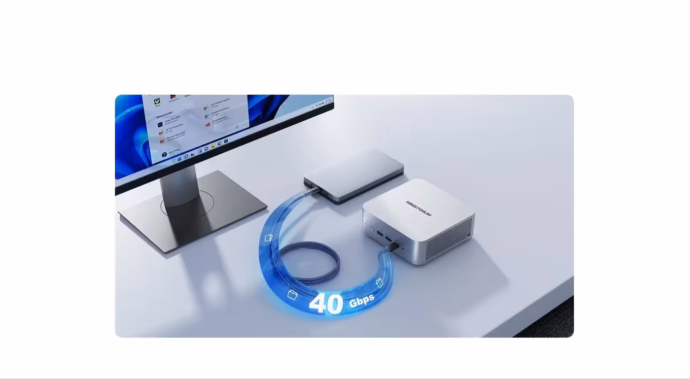 Close up of USB4 ports highlighting 40Gbps speeds and high-wattage power delivery