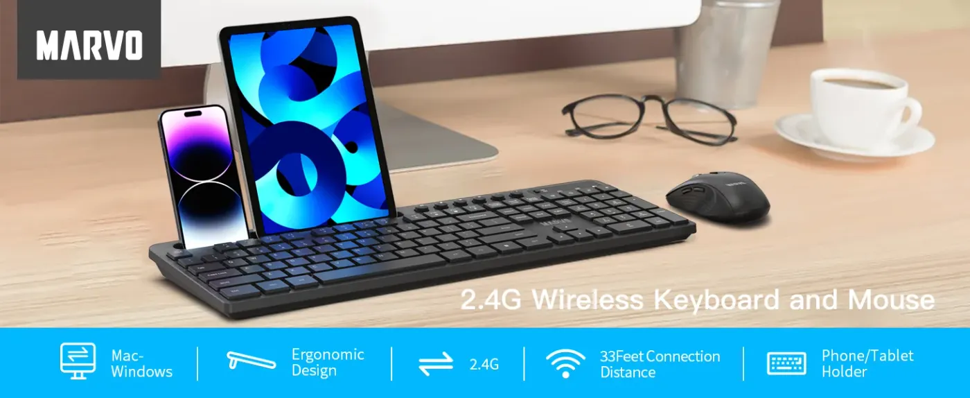 Marvo KC411W wireless keyboard and mouse set shown together with the USB nano receiver
