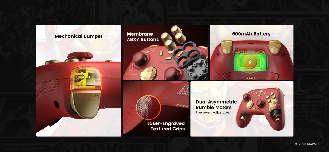 Anti-slip laser textured grips on the Iron Man Edition controller