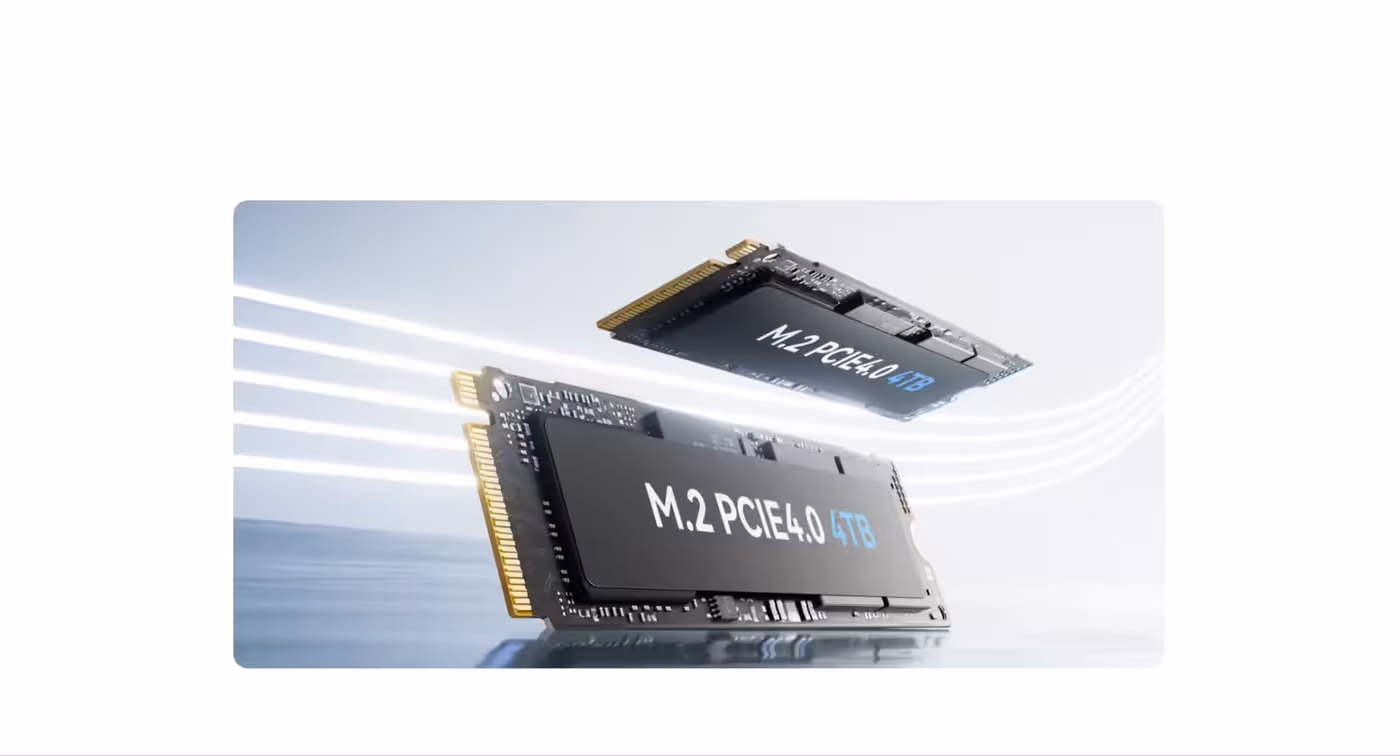 Internal view of a computer showcasing dual PCIe 4.0 SSD slots for 4TB NVMe storage
