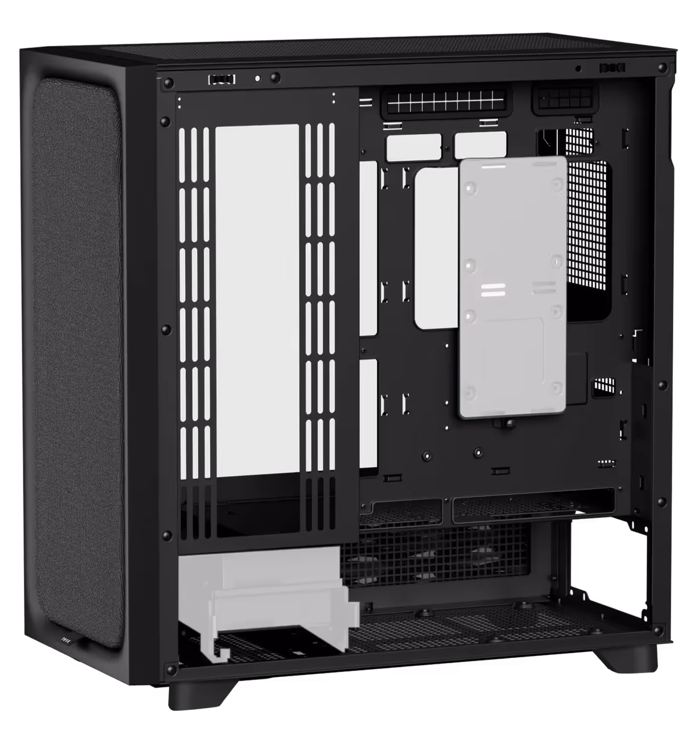 Internal view of the FLOVA F50 showcasing dedicated storage drive mounting zones for expansion.