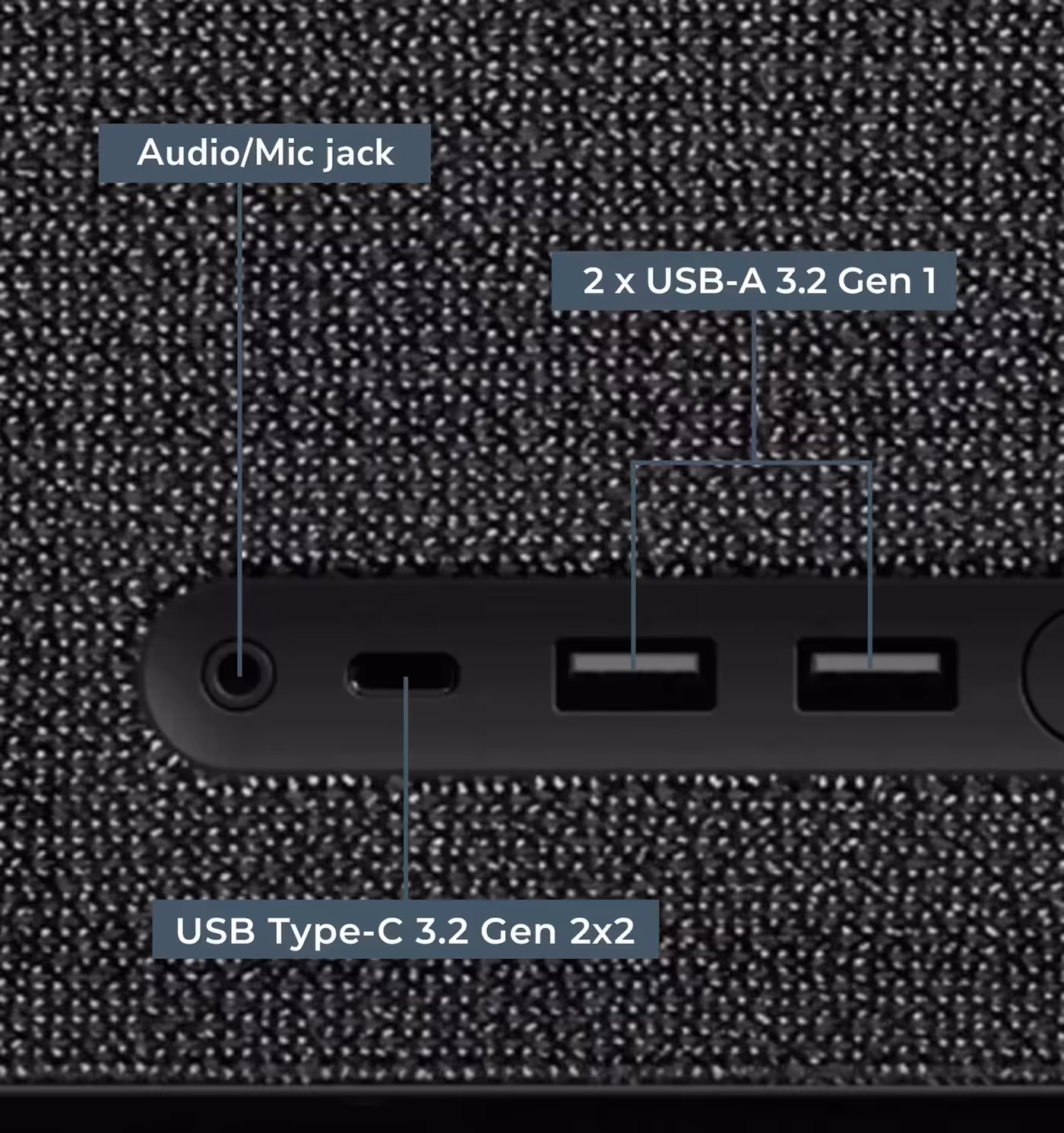 Close-up of the front I/O panel interface providing versatile connectivity options for the user.