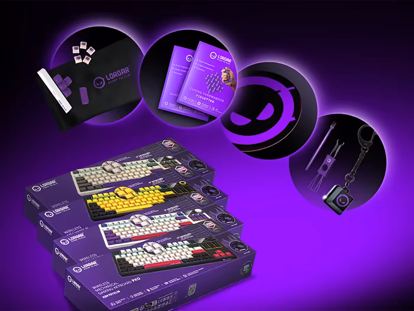 Set of included accessories including keycaps, tools, and carrying bag