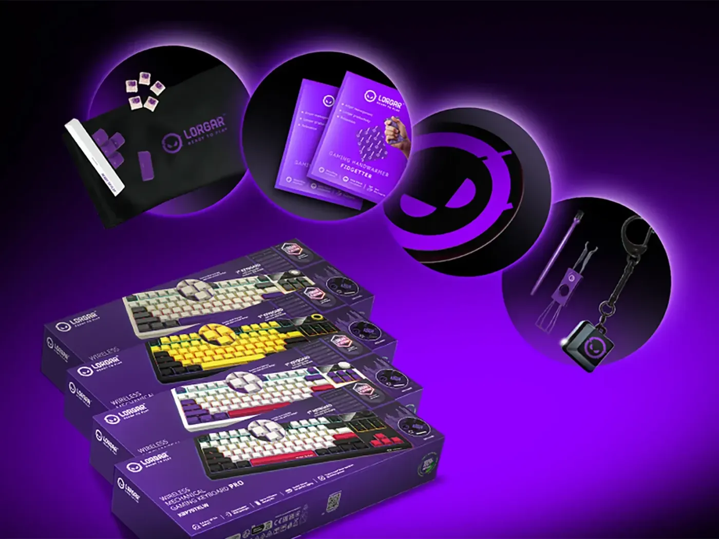 Set of included accessories including keycaps, tools, and carrying bag