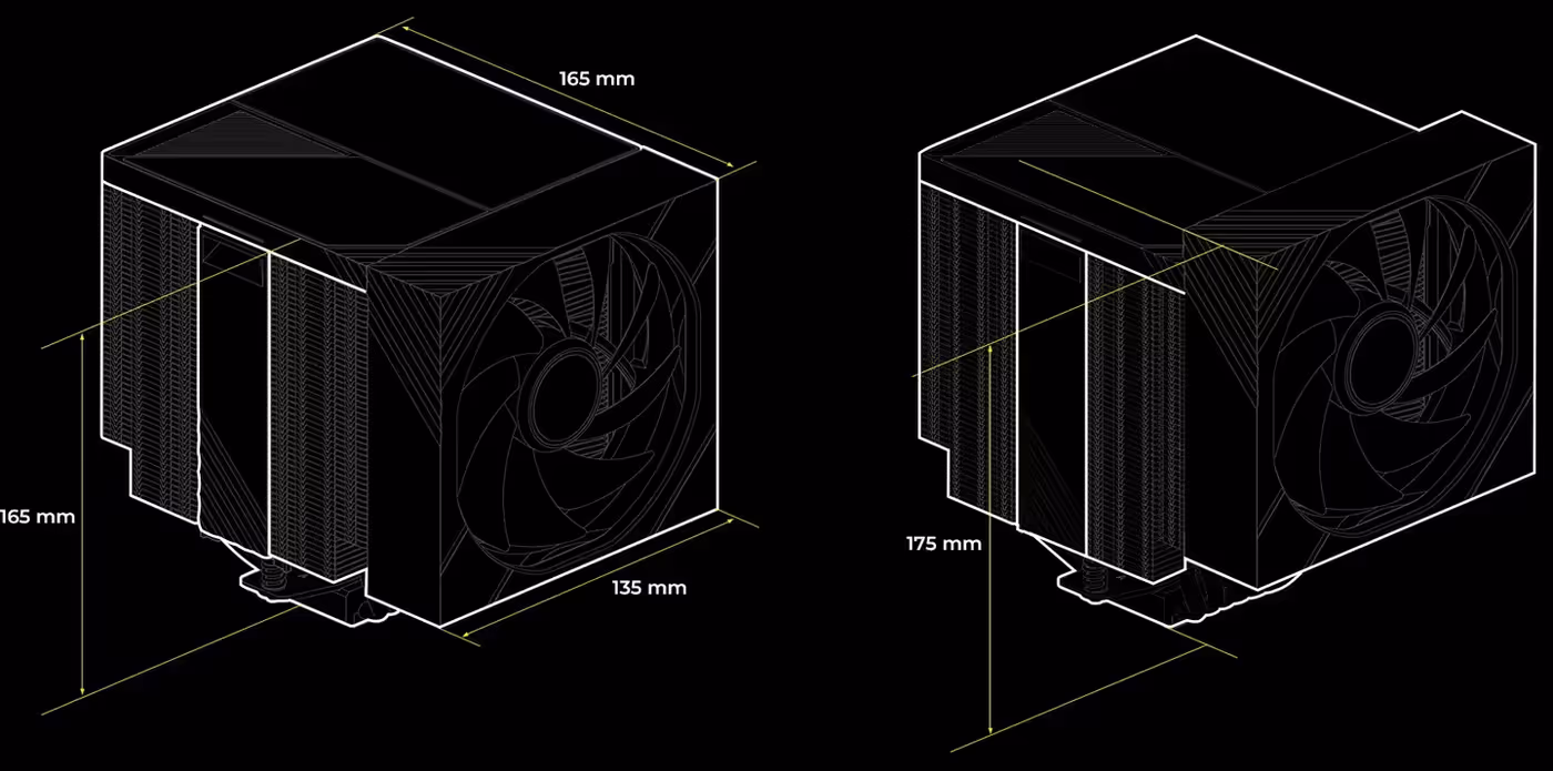 The black TURRIS 620 dual-tower cooler shown with its mounting brackets and nickel-plated copper base