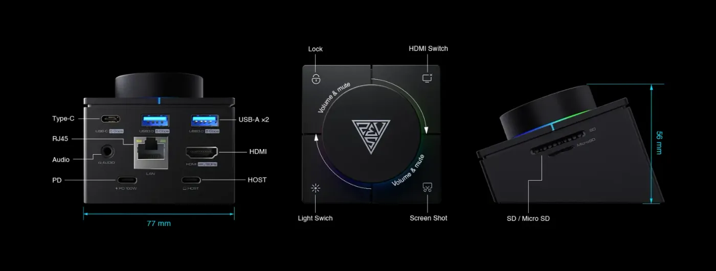 Technical diagram showing the physical dimensions and functional layout of the hub