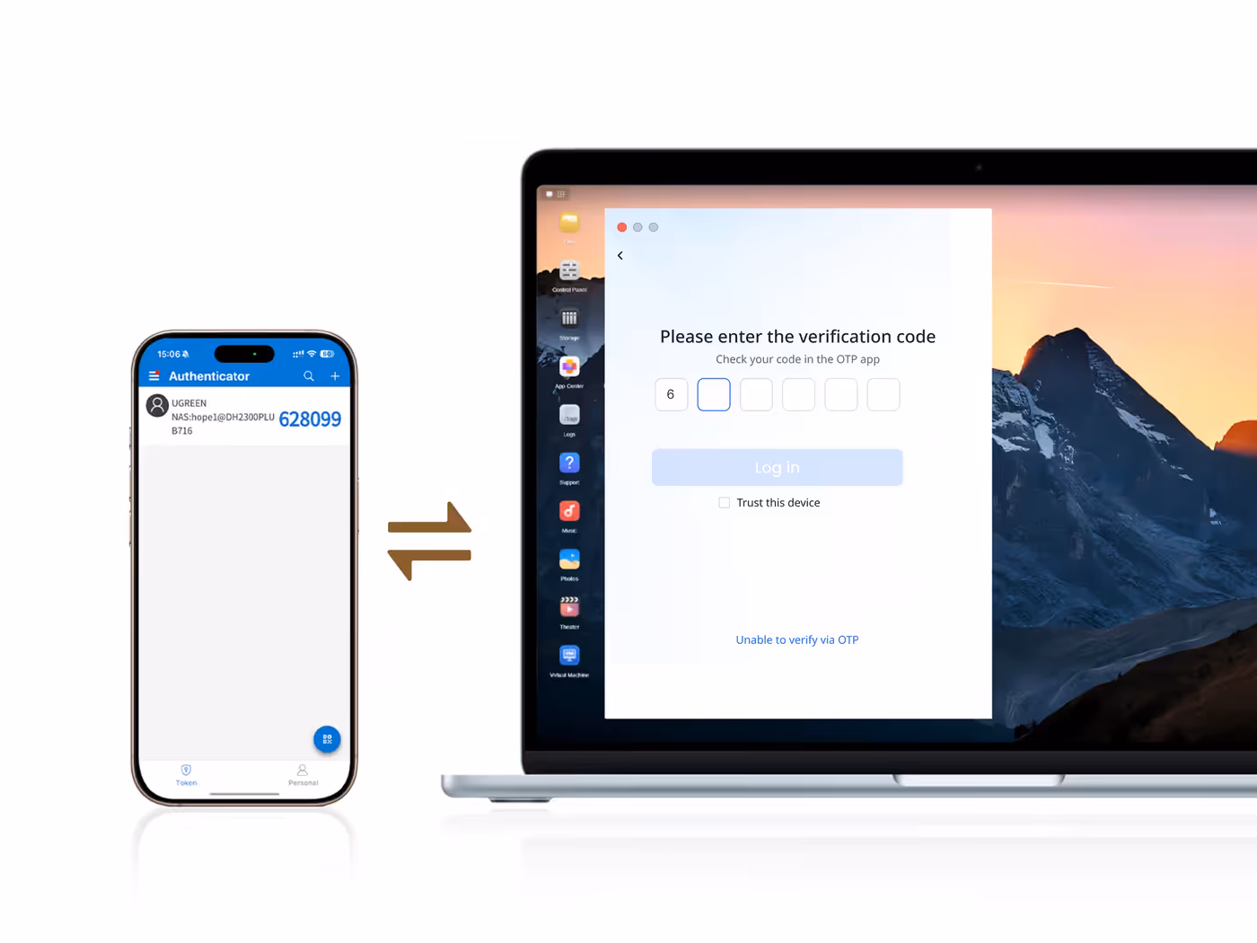 Two-factor authentication interface displaying OTP verification screen and mobile code entry