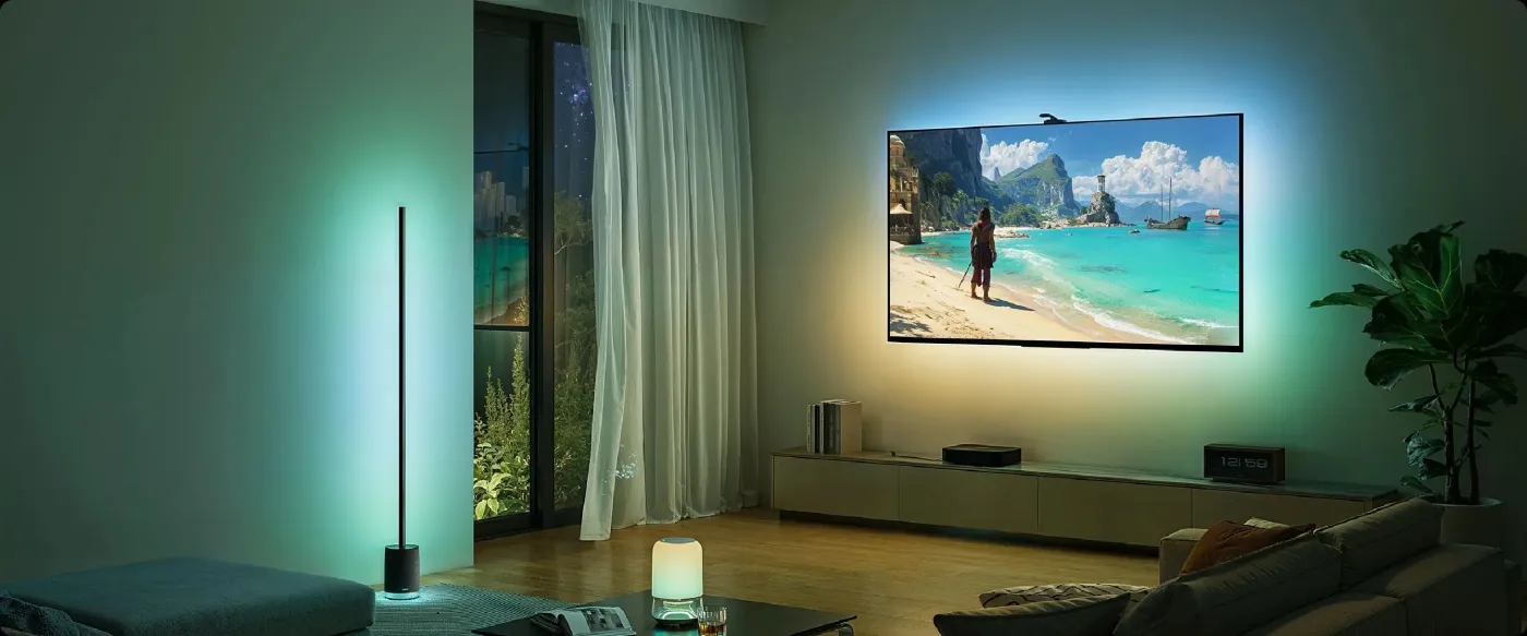 Immersive TV lighting scene supporting the “Feel the Screen, Live the Light” heading
