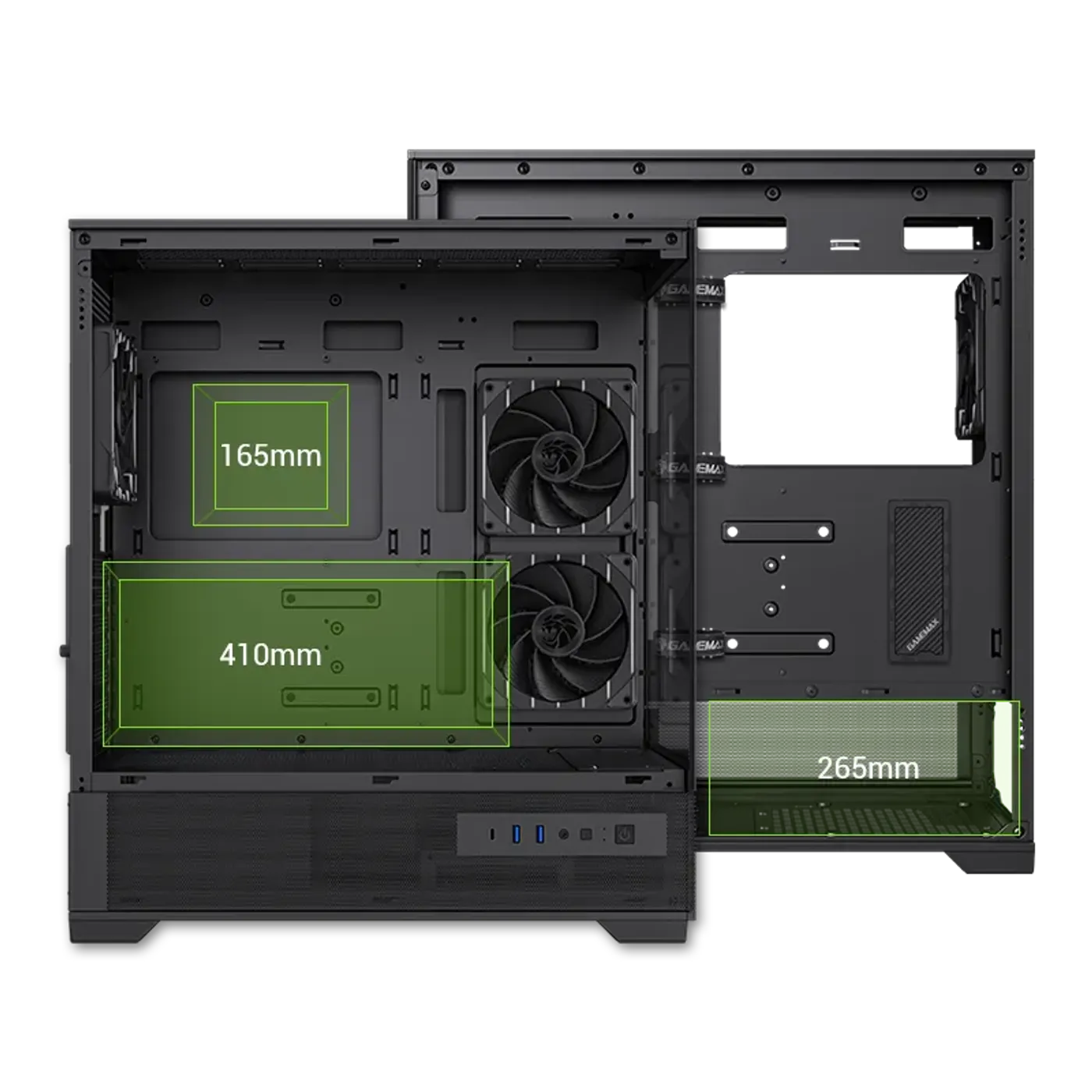 Compatibility chart showing ATX motherboard and 410mm VGA length support