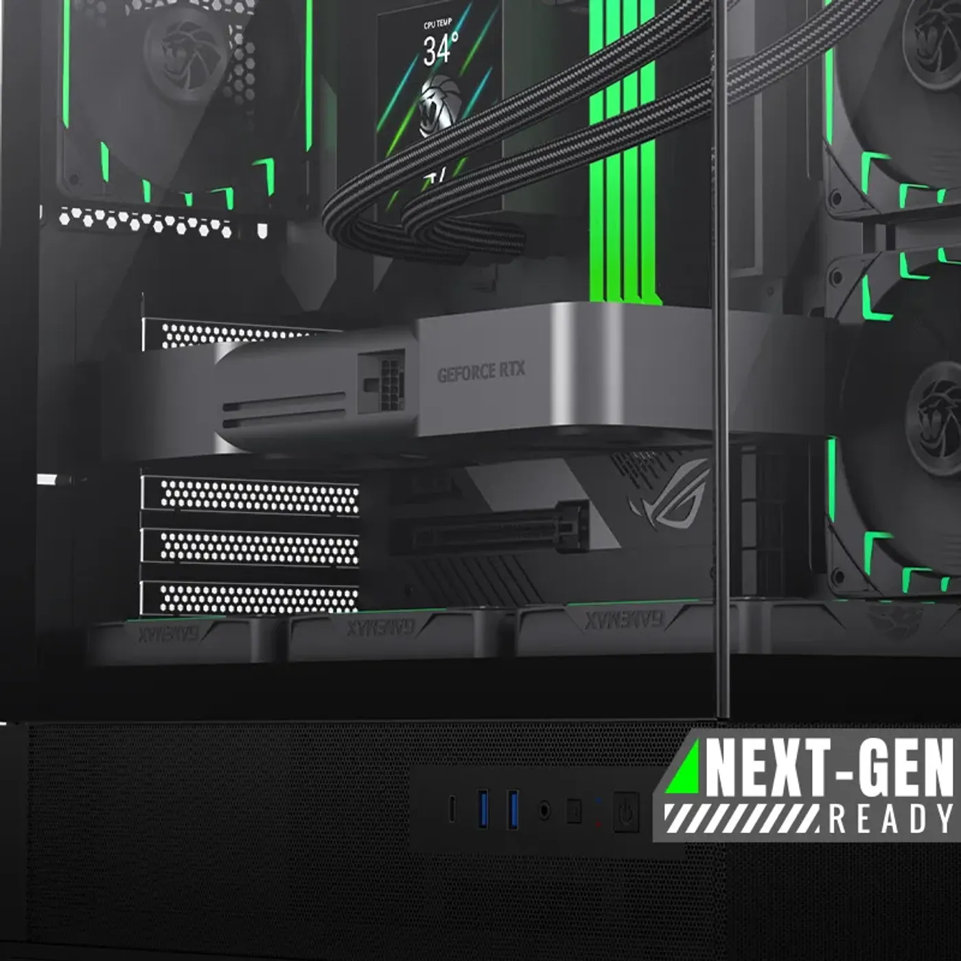 Gaming case interior showing space for high-performance Next-Gen graphics cards