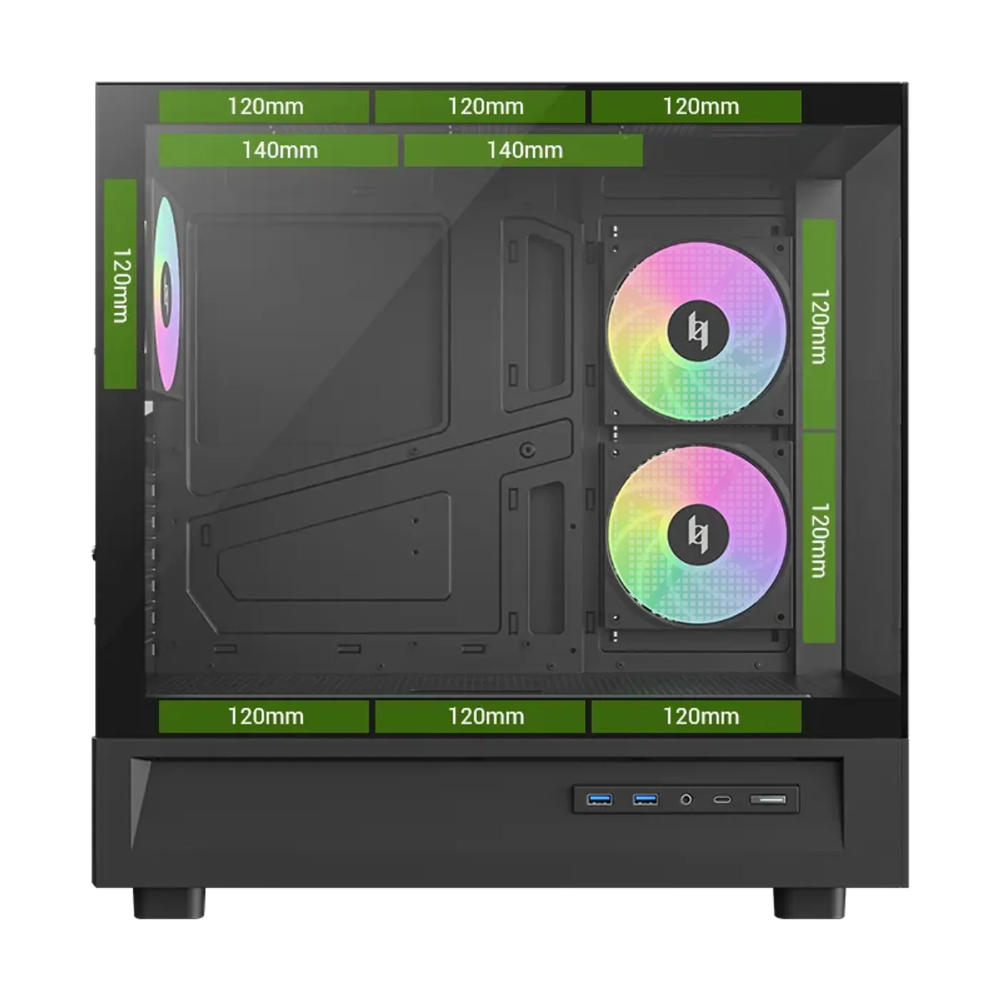 Case fan layout showing supported fan and radiator configurations