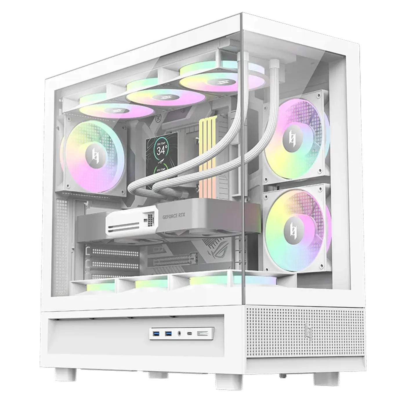 NEX C51 WH case showing front and left tempered glass panels for panoramic interior view
