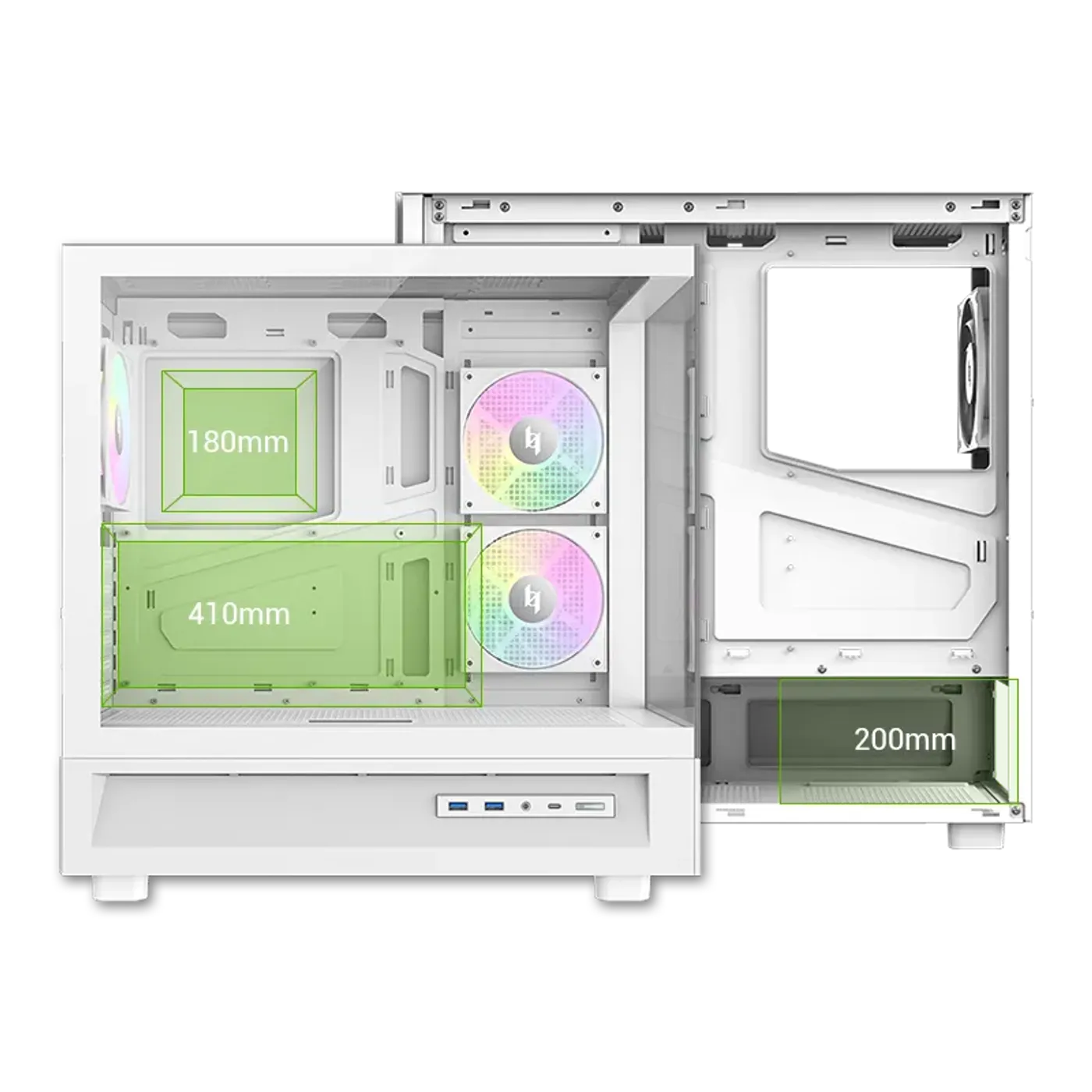 NEX C51 WH compatibility diagram showing motherboard, GPU, and PSU clearance specifications