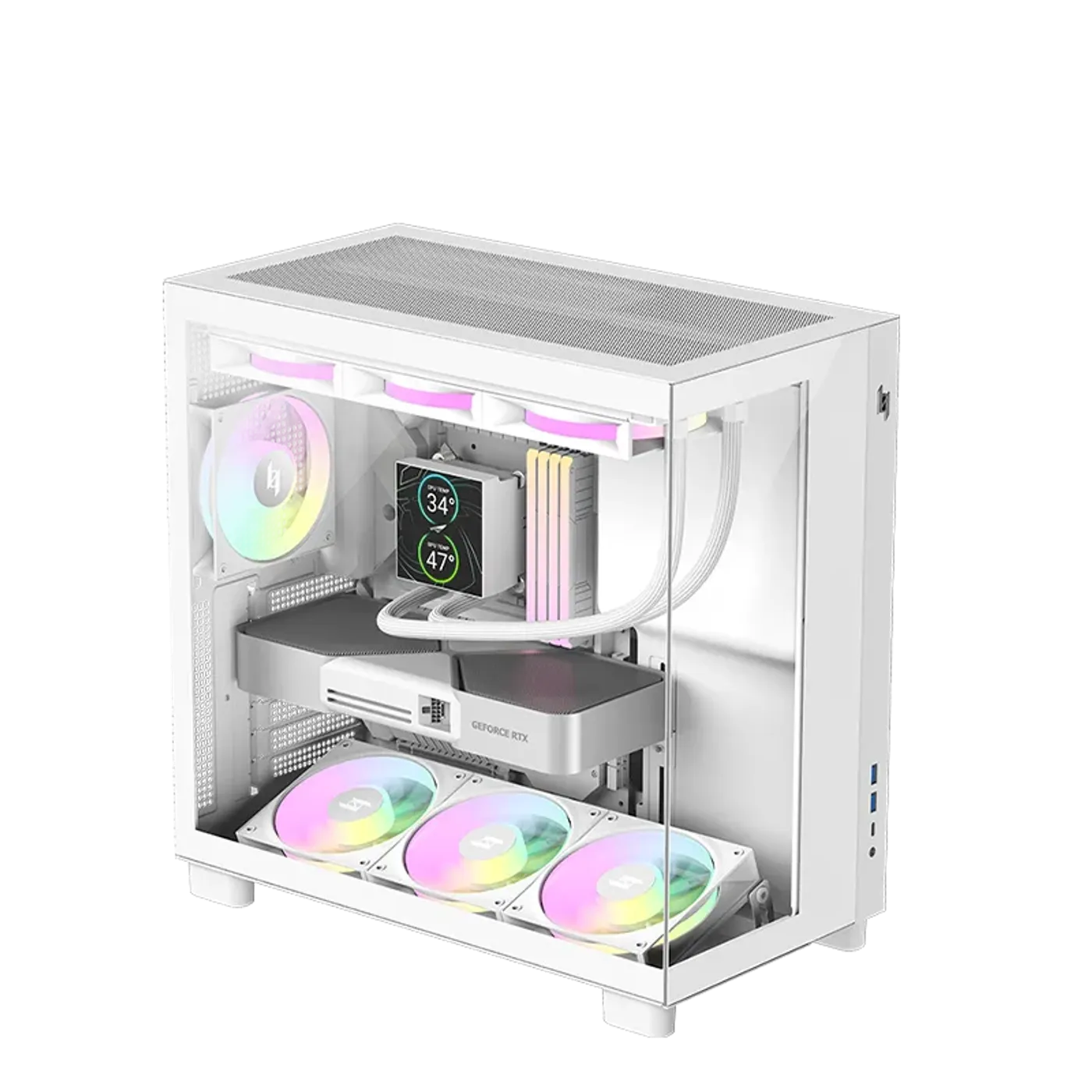 NEX C53 WH gaming case showing extensive cooling support with pre-installed fans