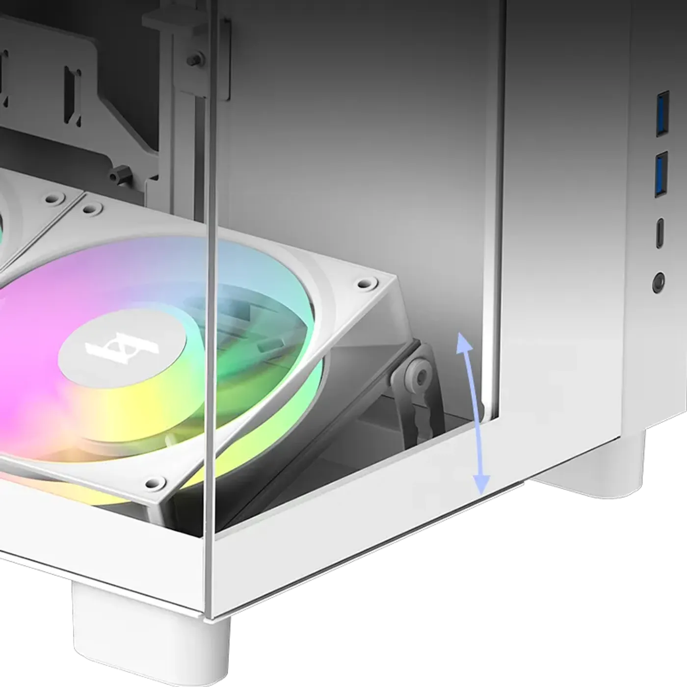 Adjustable bottom-mounted fan bracket creating optimized airflow channel in gaming case