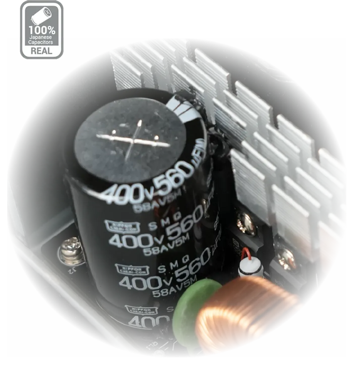 Internal components featuring 100% all-Japanese capacitors for reliability