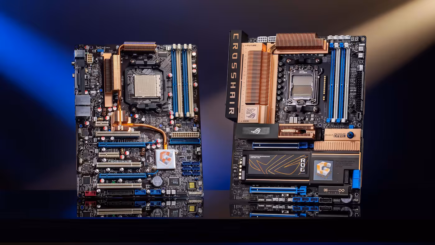 Two motherboards side by side, one the original ROG Crosshair motherboard and the other the new ROG Crosshair 20006