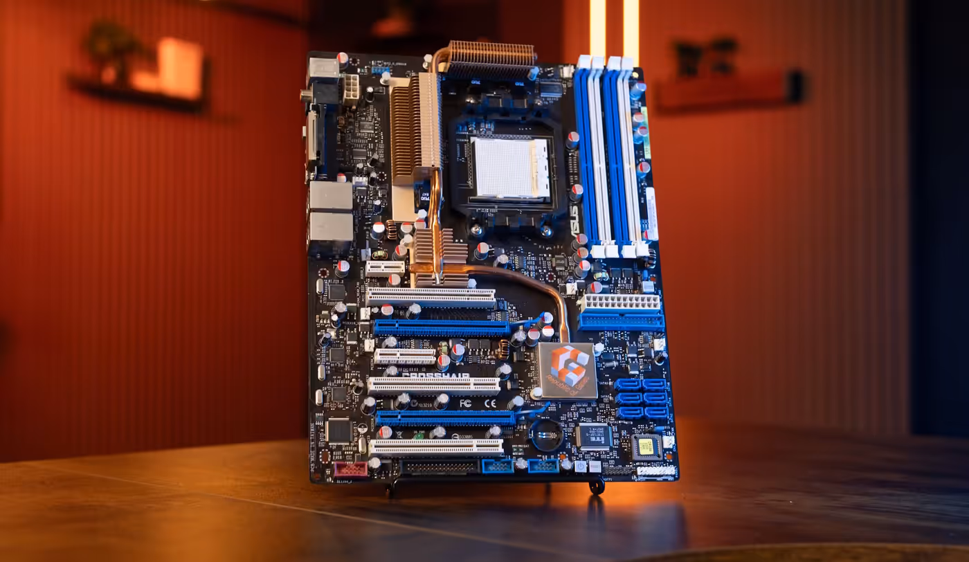 A front view of the original ROG Crosshair motherboard