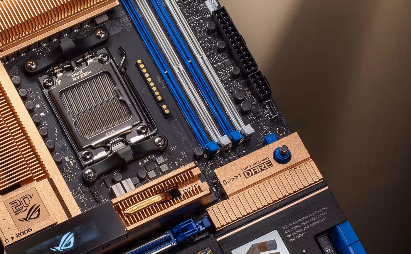 A closeup view of the CPU socket and DRAM slots of the ROG Crosshair 2006 motherboard