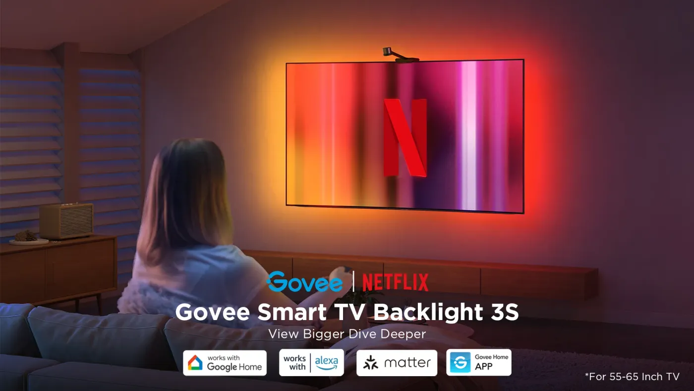 Govee TV Backlight 3S Netflix Edition lighting the wall behind a TV