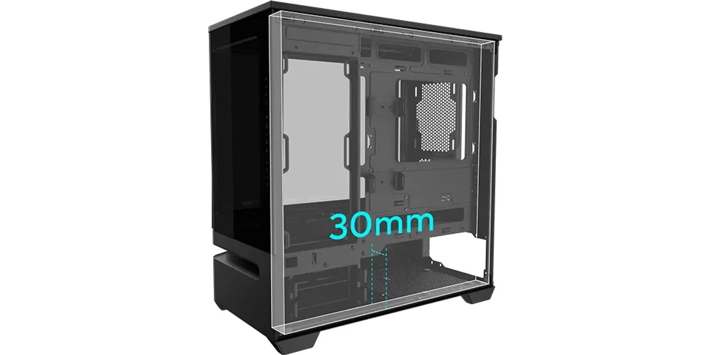 Cable management compartment and front I/O header area behind motherboard