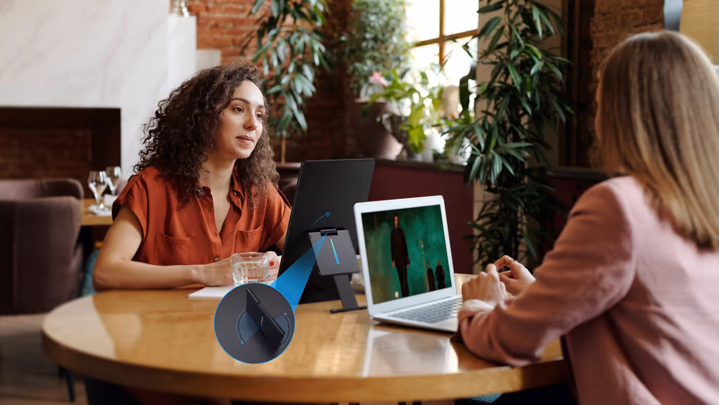 Portable monitor featuring a built-in rotatable and adjustable stand