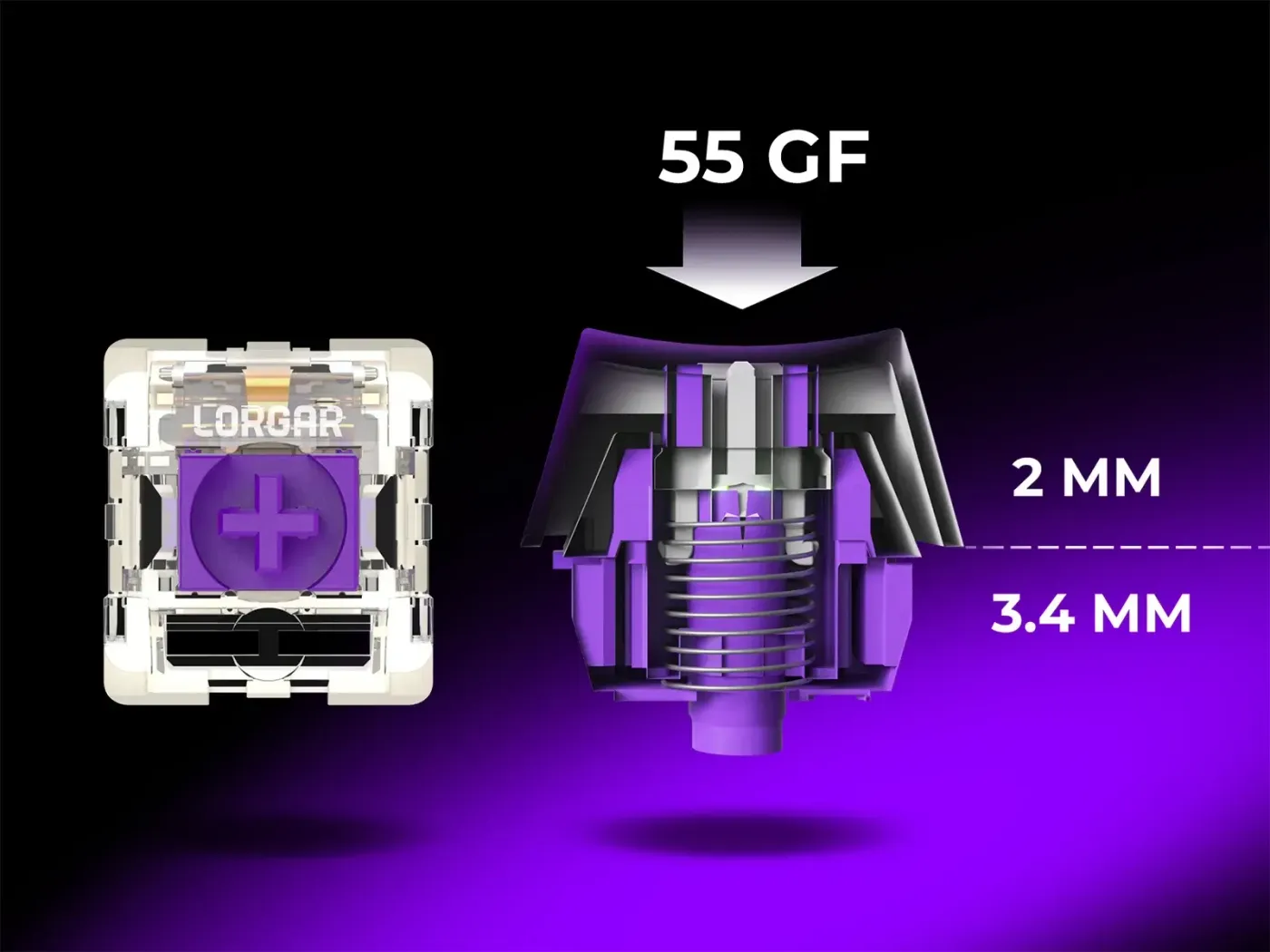 Close-up view of Toxic Purple linear mechanical switches with 55 gf actuation force