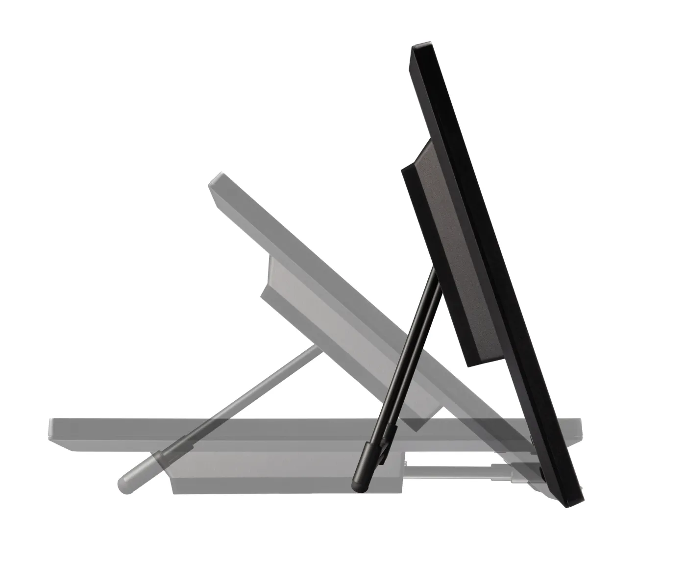 Ergonomic stand design showing adjustable tilt and flat positioning for user comfort