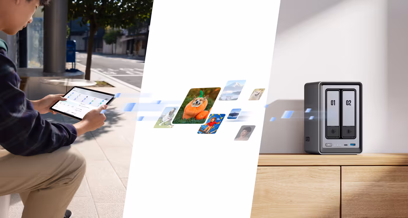 UGREEN NASync DXP2800 2-bay NAS showing remote file management and tablet integration.