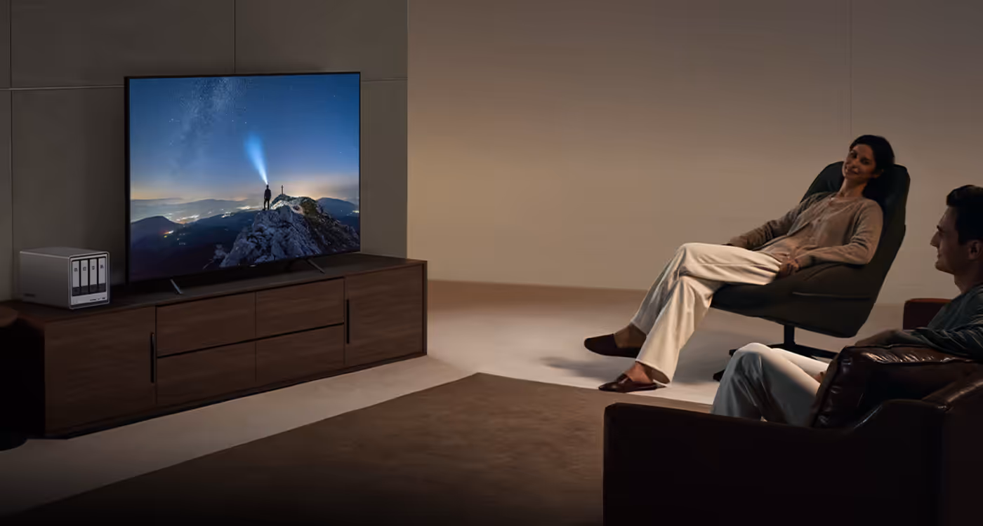 UGREEN NASync DXP4800 Plus home media server streaming movies to TV in living room environment.