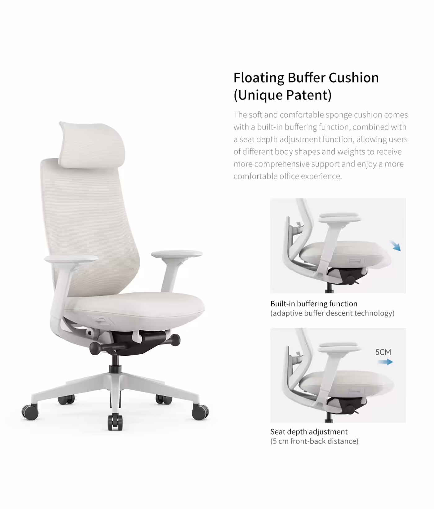 Floating buffer cushion seat of the Sparta 3 light grey chair